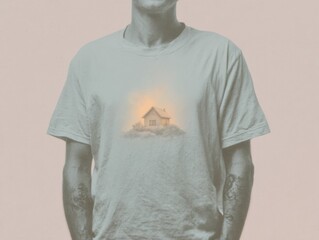Collage of a Person With an Artistic Chest Design Featuring a Glowing House in a Dreamlike Setting