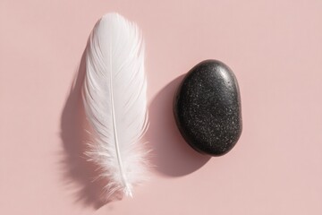 White feather alongside smooth black stone casting shadows on a soft pink surface; the objects convey balance and contrast through their textures and colors