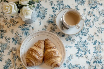 A seamless, vintage-inspired wallpaper of croissants paired with coffee cups and French pastries