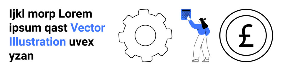 Gear symbol, currency icon, and person with book communicating work dynamics, financial systems, education, earning potential, monetary growth, process management. Ideal for business finance themes