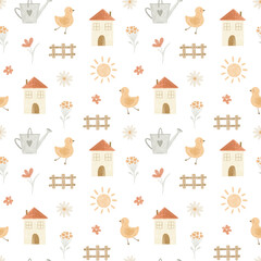 Farm with chick, house, and fence, sun, flowers add spring vibes. Perfect seamless digital pattern for nursery prints