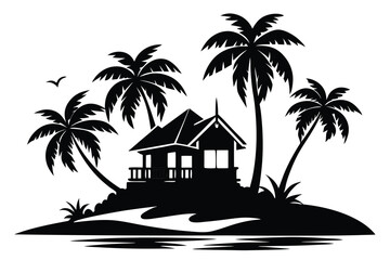 Obraz premium Silhouette of Tropical Island with Palm Trees, Beach House, and Bird Flying