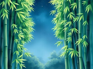 Obraz premium Watercolor Bamboo Forest Illustration with Green Leaves, Summer Nature Background in Asian Style