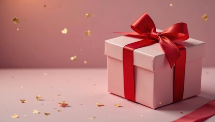 Elegant red ribbon tied gift boxes, gold accents, illustration, luxury, stripe