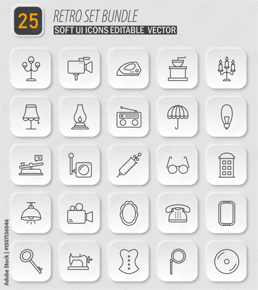 Poster aesthetic retro set bundle: collection of neumorphism style vector icons depicting vintage objects a