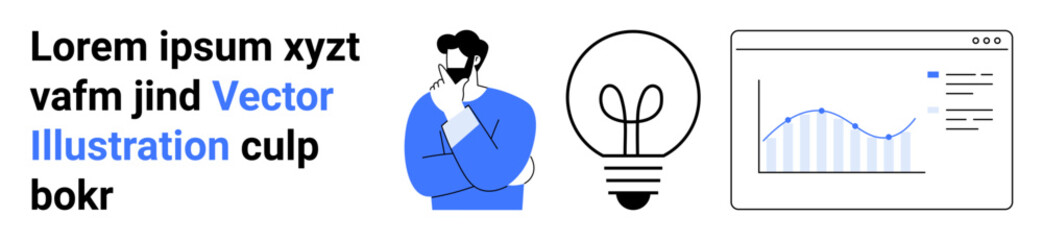 Man pondering ideas, lightbulb as creativity, and analytics graph implying progress. Ideal for creativity, problem-solving, innovation, strategy, productivity, analysis simple landing page