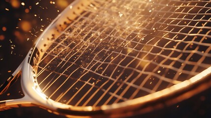Golden Tennis Racket Netting Detail with Sparkling Particle Accents