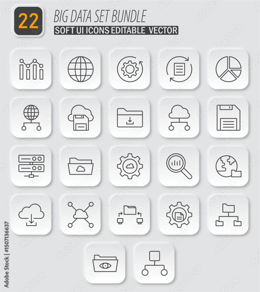 Poster big data analytics icon set for ui design featuring cloud storage, data visualization, and network c