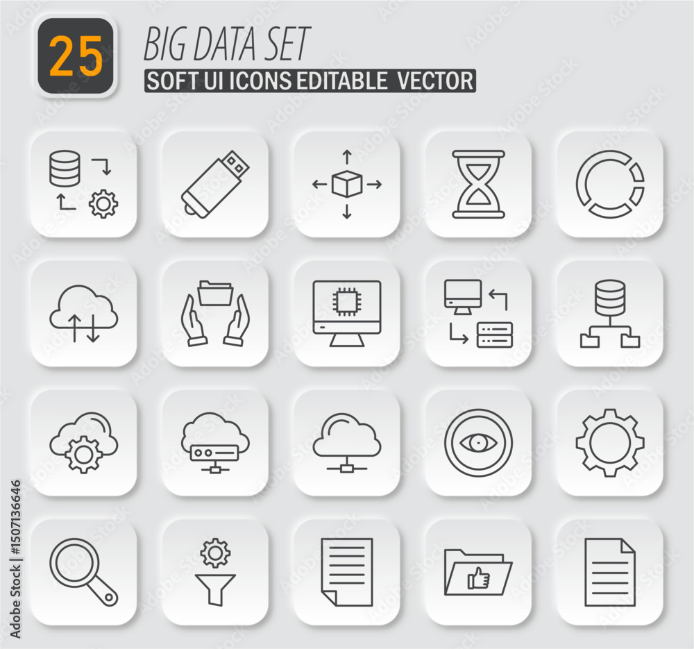Poster a comprehensive big data set featuring soft ui icons in an editable vector format showcasing data an