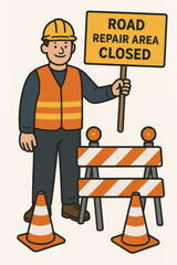 Fototapeta premium Construction worker hard hat hi-vis safety vest holding road repair area closed warning sign. Infrastructure maintenance work zone barriers cones traffic control vector