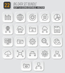 Big data analytics icon set for ui design featuring cloud storage, data visualization, and network connectivity with a modern look