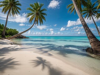 Obraz premium Empty tropical beach with turquoise water, white sand and palm trees