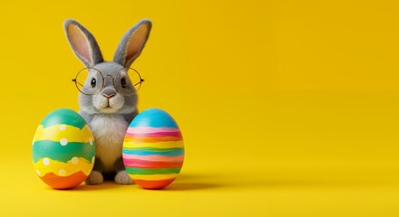 Bunny with Easter Eggs and Glasses on Yellow Background