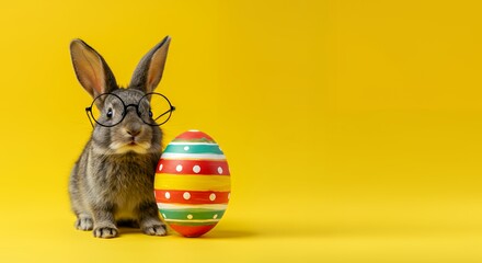 Bunny with Glasses and Easter Egg on Yellow Background