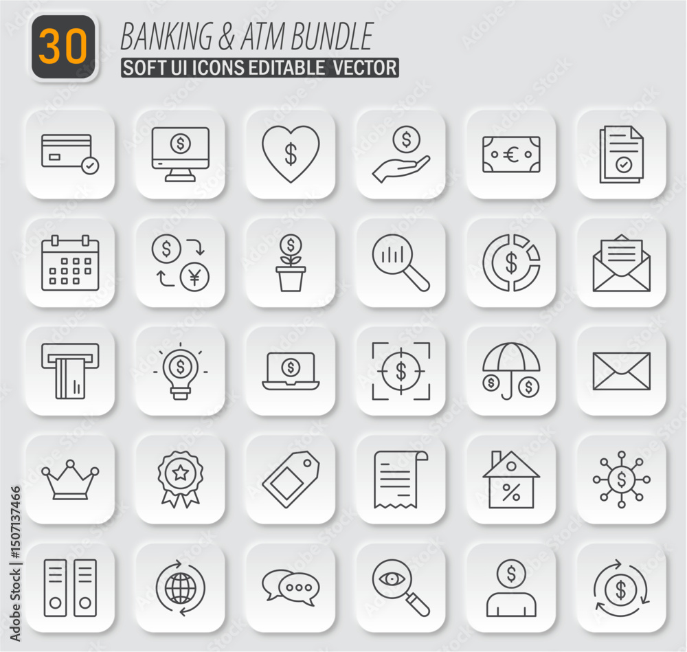 Poster neumorphic style vector icons for banking and atm services with editable elements, clean and modern 