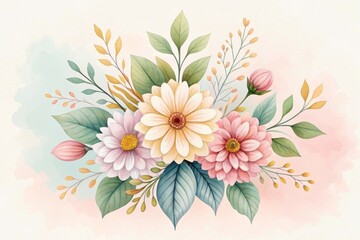 Fototapeta premium Delicate watercolor floral arrangement with wildflowers and leaves Floral arrangement with pastel colors, featuring daisies, zinnias, and green leaves.