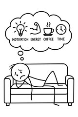 Depressed stick figure lounges on sofa, craving motivation and coffee. Represents procrastination, exhaustion, and lack of purpose in simple flat vector style.