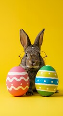 Rabbit with Easter Eggs on Yellow Background
