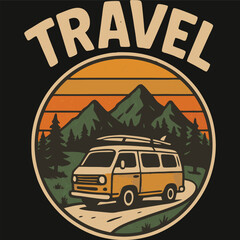 Vintage Travel Van Adventure Logo with Mountains and Sunset
