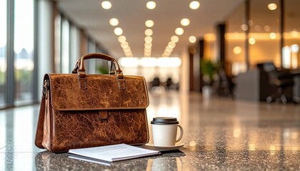 Elegant Brown Leather Bag with Coffee and Notebook in Modern Office