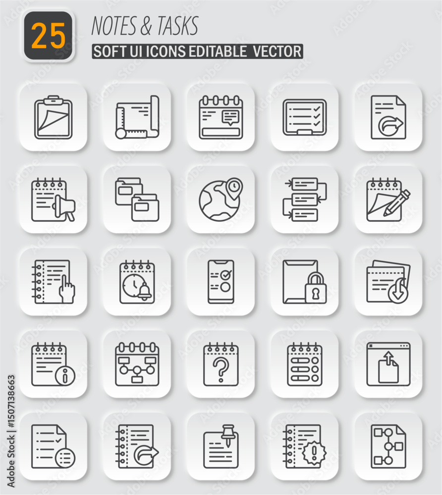Poster neumorphic vector icons set of notes and tasks for user interface design and mobile app development