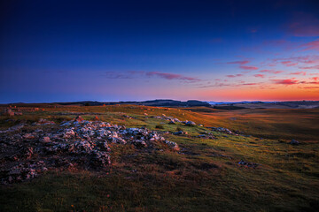 Evening landscape on the Aubrac mountains.
Field and hills on a beautiful spring evening in central...