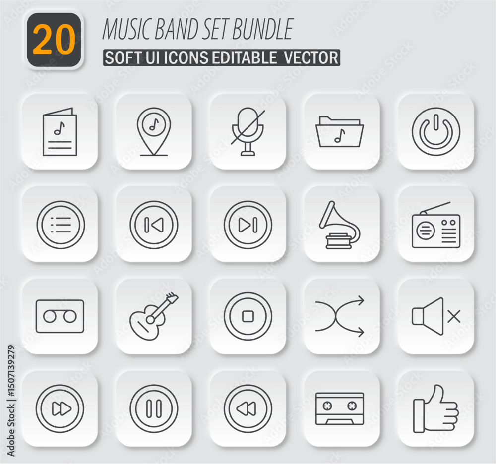 Poster music band set bundle: soft ui icons editable vector for creative projects and designs