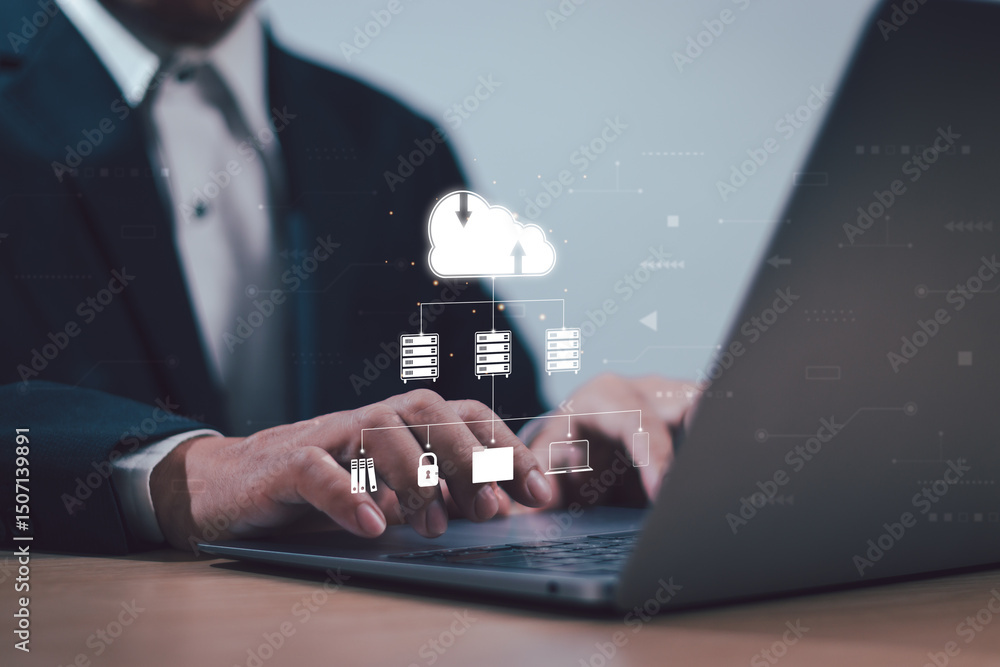 Poster businessman is managing cloud computing, big data management concept, data storage, network computer