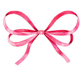 Pink ribbon bow in watercolor style, isolated on white. Feminine and decorative clipart perfect for gifts, tags, cards, or baby shower designs.