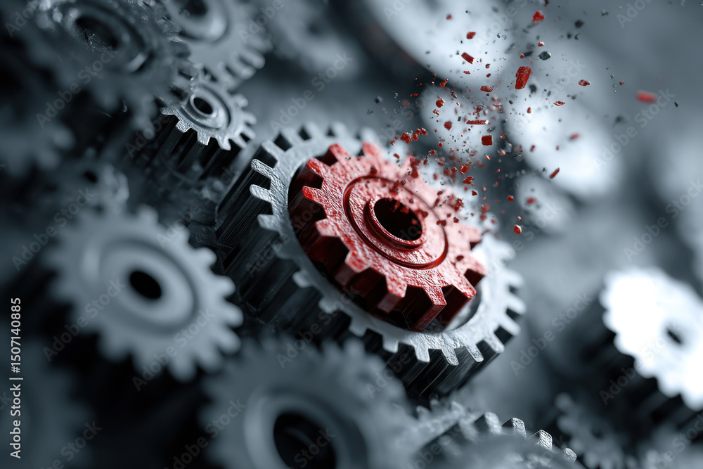 Aufkleber in a mechanical system, a red gear explodes into fragments, disrupting the harmony of interconnected