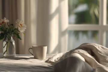 soft morning light streaming through window illuminating crumpled bed linens