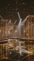 Elegant Fashion Show Stage: White Screen Framed by Golden Metallic Structure and Spotlights. Luxurious Abstract Commercial Background for Product Launches, Design Exhibitions, and High-End Presentatio