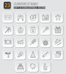 Celebrations Set Bundle: Vector Icons Depicting Parties and Special Occasions in Minimalist Style for Designers and Illustrators