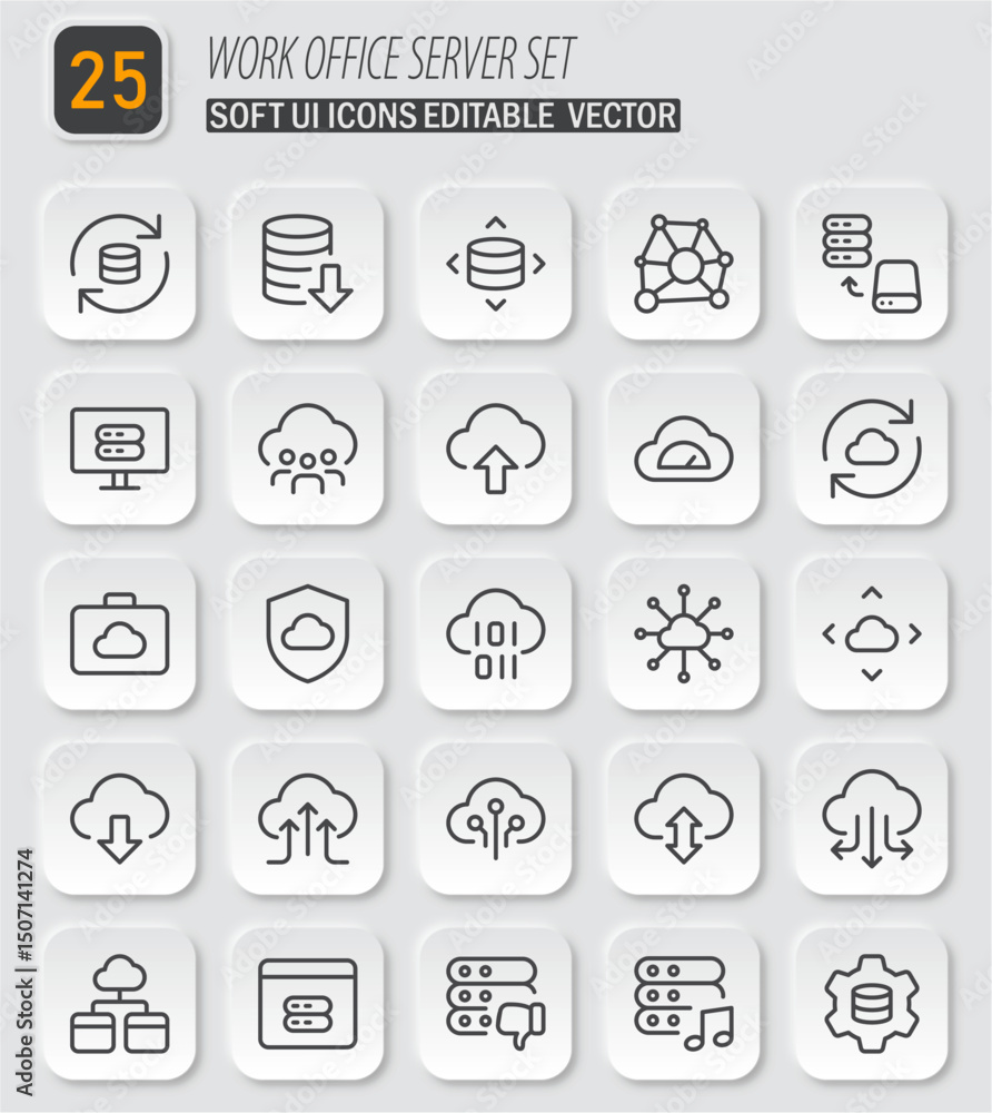 Poster collection of vector icons representing work office server set and modern technology