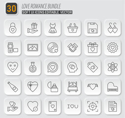 Collection of 30 Love and Romance Icons with Soft UI and Editable Vector Design, Perfect for Valentine's Day or Wedding Projects