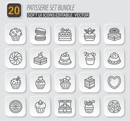 Patisserie set bundle showcasing soft ui icons with editable vectors for various sweet pastry and dessert designs