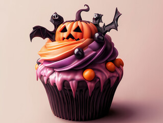 A spooky yet cute Halloween cupcake featuring a jack-o'-lantern pumpkin, bats, and vibrant purple and orange frosting