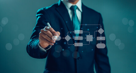 Work process and flowchart, Organization hierarchy management, Businessman shows business process,...