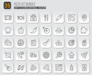 Neumorphic Pizza Icons Set: A Collection of Minimalist Outlined Symbols for Food, Cooking and Delivery