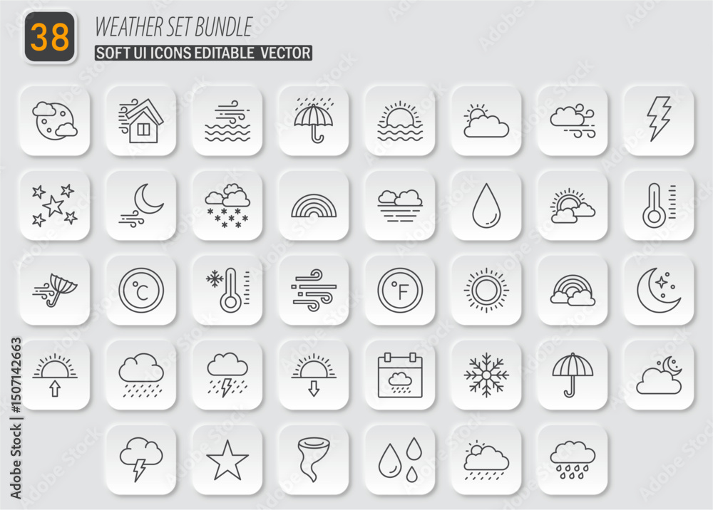Poster elegant weather icons bundle: soft ui style for ui design and development
