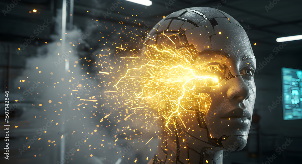 Poster technological singularity concept: robot head with energy discharge and brightness
