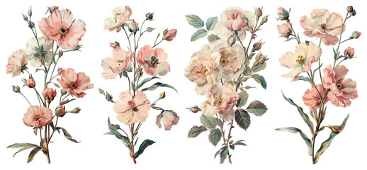 PNG Vintage floral botanical illustration, element set on transparent background