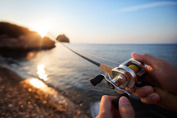 Close up fishing object background. Big game fishing reel. 