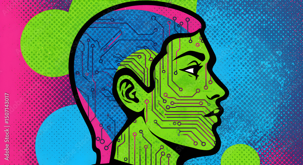 Poster digital portrait depicting technological integration and cybernetic enhancement