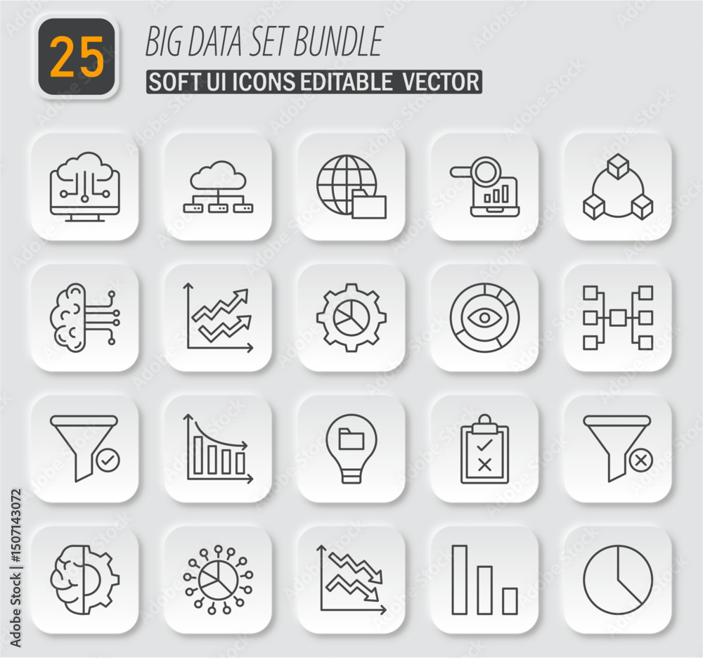 Poster Big data icon set bundle: Editable vector UI icons for data analysis and management with clean and modern design