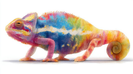 Obraz premium Colorful Chameleon Profile Rainbow Pointillist Reptile on White