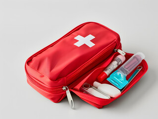 Close-Up of Bright Red First Aid Kit with White Cross and Medical Supplies on White Background , Emergency Preparedness and Healthcare