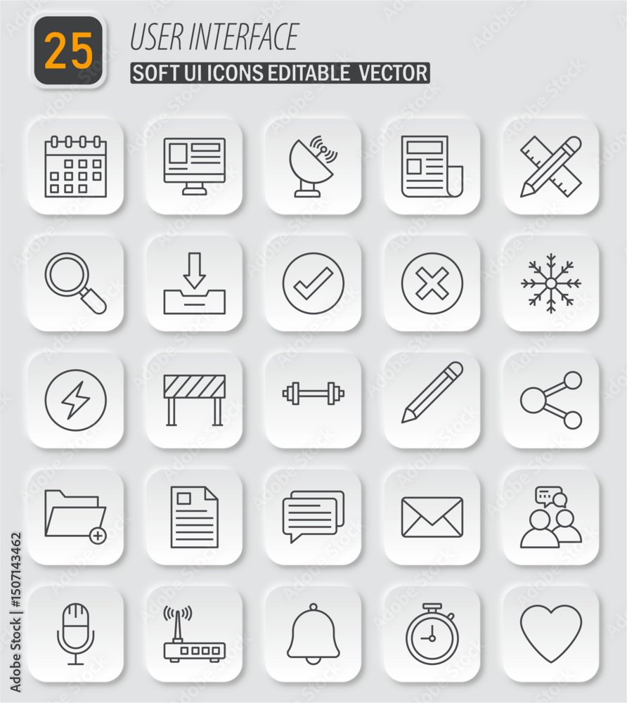 Fototapete Soft UI Vector Icons: Interface Elements for Modern App and Web Design, Suitable for Web and App Development Projects