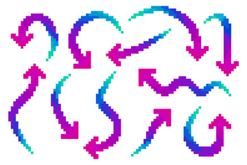 Colorful pixel art arrow in different directions collection set. Vector illustration on isolated background.