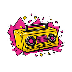An energetic 90s vintage cartoon boombox bursting with bright yellow and hot magenta geometric patterns on a pure white background